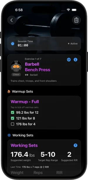 GetJacked exercise logging interface featuring weight and rep input controls, smart weight suggestions, RIR tracking, and muscle group targeting visualization for hypertrophy training