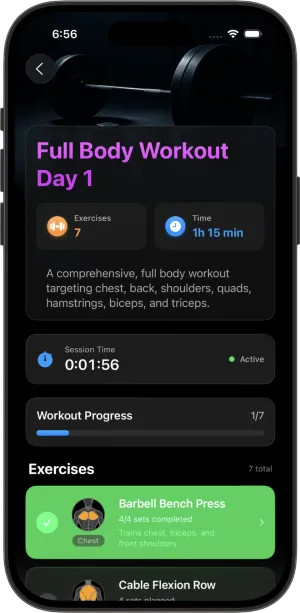 GetJacked active workout session screen showing barbell bench press exercise with real-time timer, set tracking, and weight progression for strength training